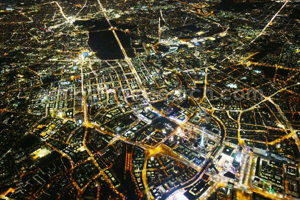 Berlin at night from the bird perspective: Night lighting The city center in the downtown area Unter den Linden Friedrichstrasse Leipziger Strasse - Alexanderplatz in the district Mitte in Berlin, Germany