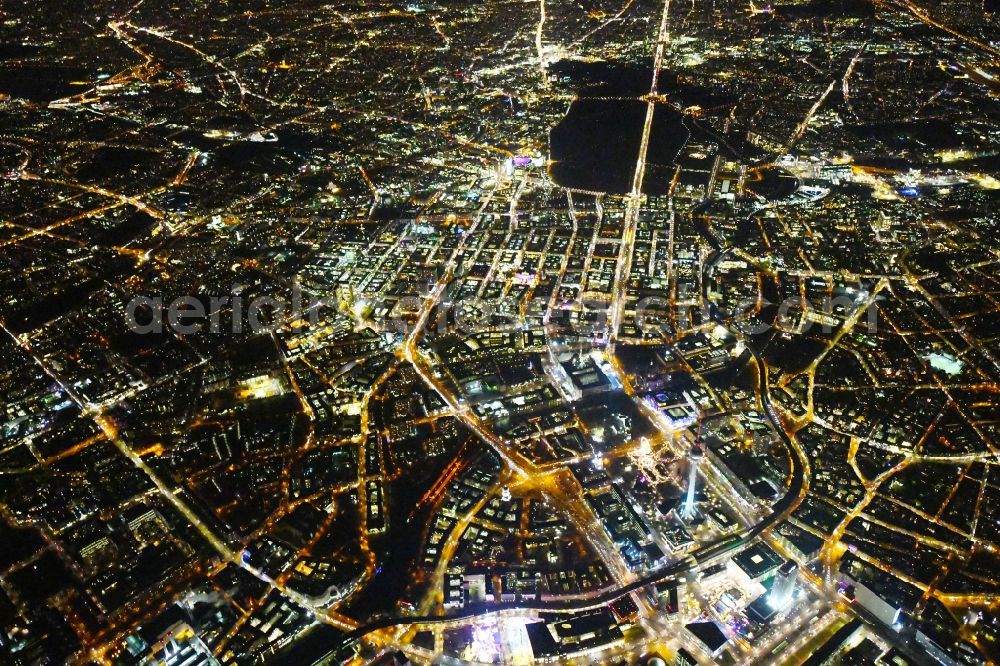 Aerial photograph at night Berlin - Night lighting The city center in the downtown area Unter den Linden Friedrichstrasse Leipziger Strasse - Alexanderplatz in the district Mitte in Berlin, Germany