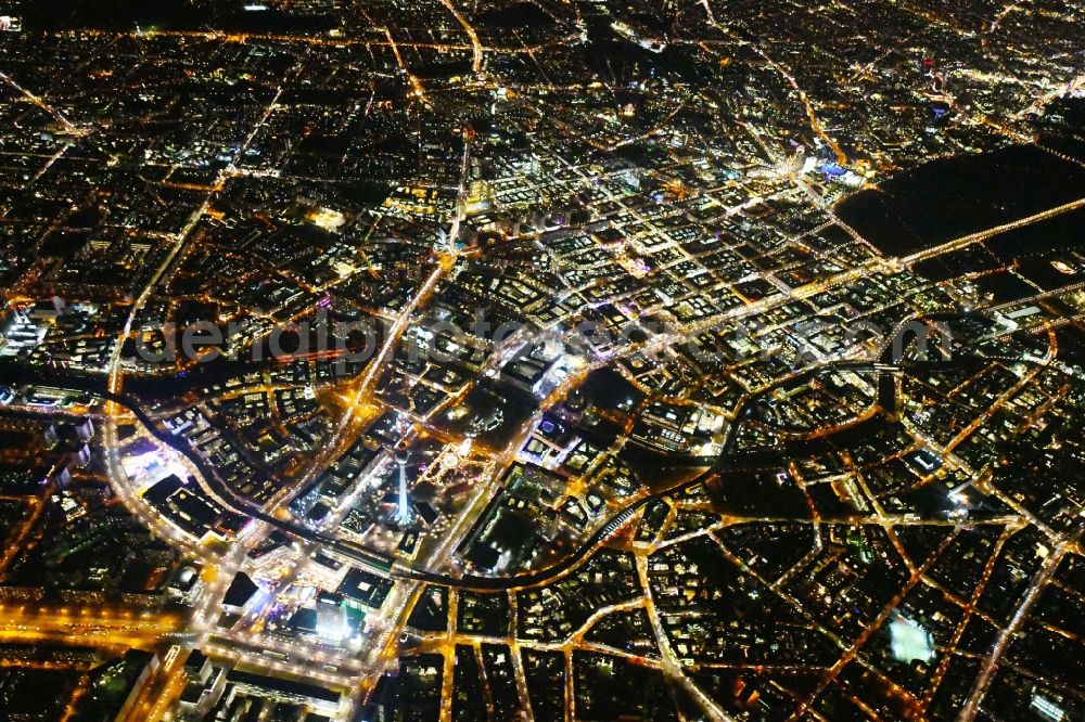 Aerial image at night Berlin - Night lighting The city center in the downtown area Unter den Linden Friedrichstrasse Leipziger Strasse - Alexanderplatz in the district Mitte in Berlin, Germany