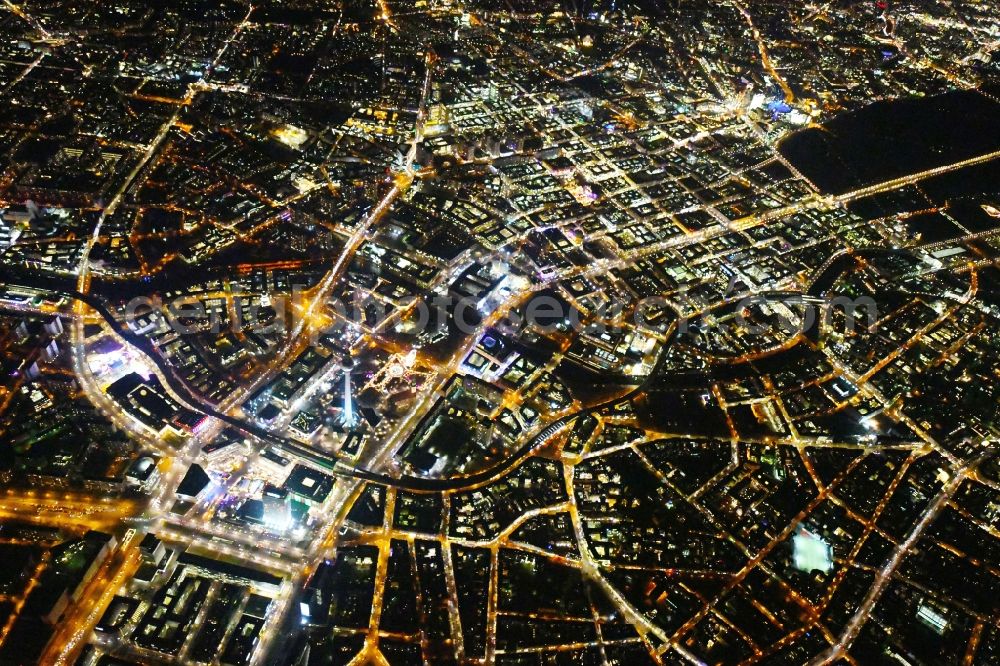 Berlin at night from above - Night lighting The city center in the downtown area Unter den Linden Friedrichstrasse Leipziger Strasse - Alexanderplatz in the district Mitte in Berlin, Germany