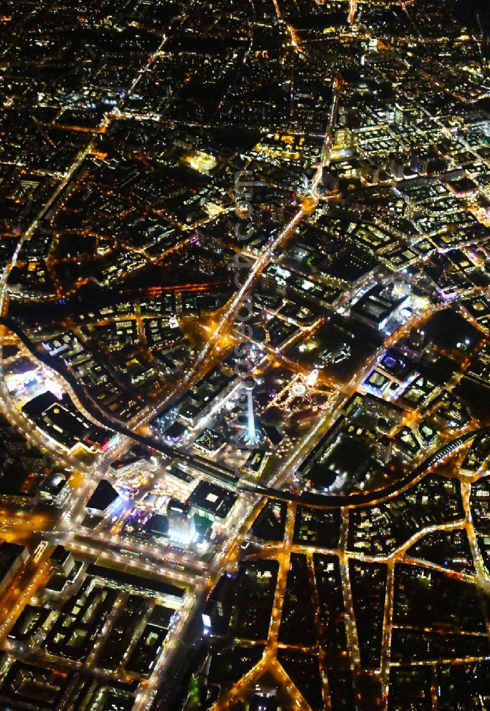 Berlin at night from the bird perspective: Night lighting The city center in the downtown area Unter den Linden Friedrichstrasse Leipziger Strasse - Alexanderplatz in the district Mitte in Berlin, Germany