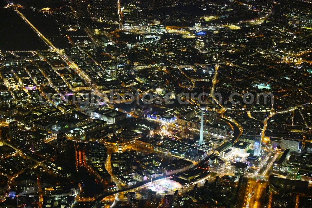 Aerial photograph at night Berlin - Night lighting The city center in the downtown area Unter den Linden Friedrichstrasse Leipziger Strasse - Alexanderplatz in the district Mitte in Berlin, Germany