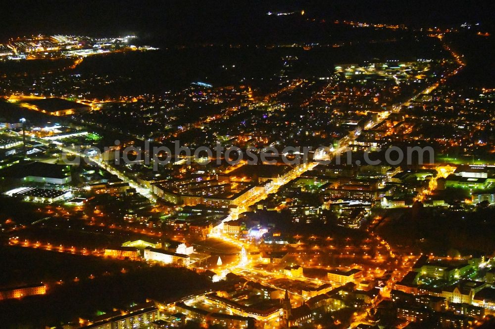 Oranienburg at night from the bird perspective: Night lighting The city center in the downtown area in Oranienburg in the state Brandenburg, Germany