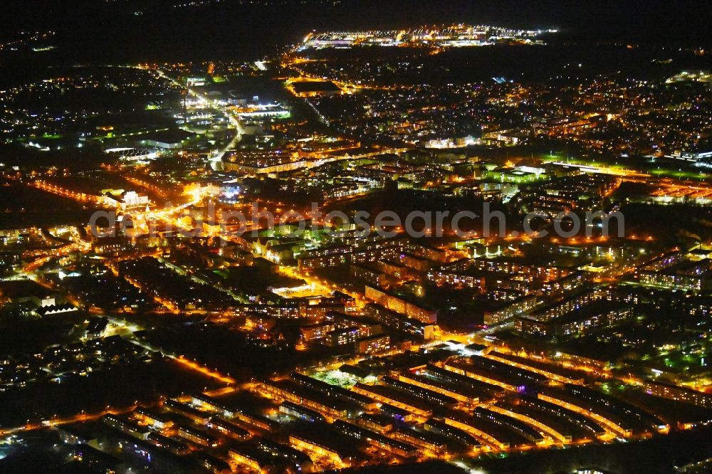 Oranienburg at night from the bird perspective: Night lighting The city center in the downtown area in Oranienburg in the state Brandenburg, Germany