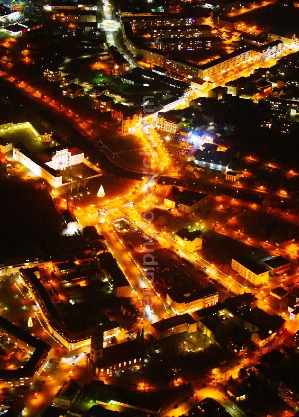 Aerial photograph at night Oranienburg - Night lighting The city center in the downtown area in Oranienburg in the state Brandenburg, Germany