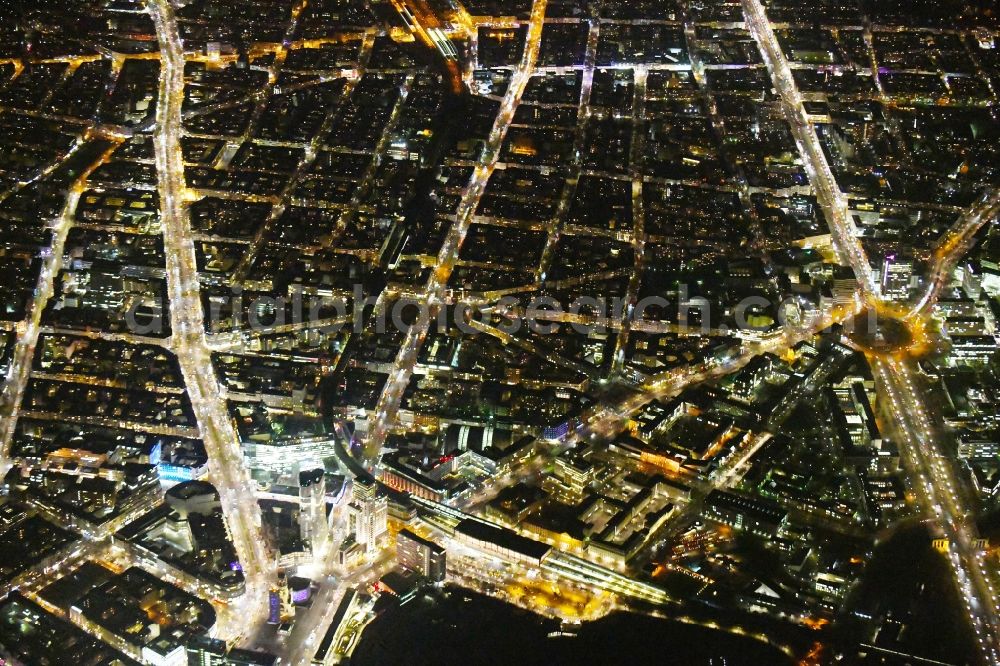 Aerial image at night Berlin - Night lighting The city center in the downtown area Kantstrasse - Breitscheidplatz - Kurfuerstendamm - Hardenbergstrasse - Kantstrasse - Strasse of 17 Juni-Ernst-Reuter-Platz - Bismarkstrasse in the district Charlottenburg in Berlin, Germany