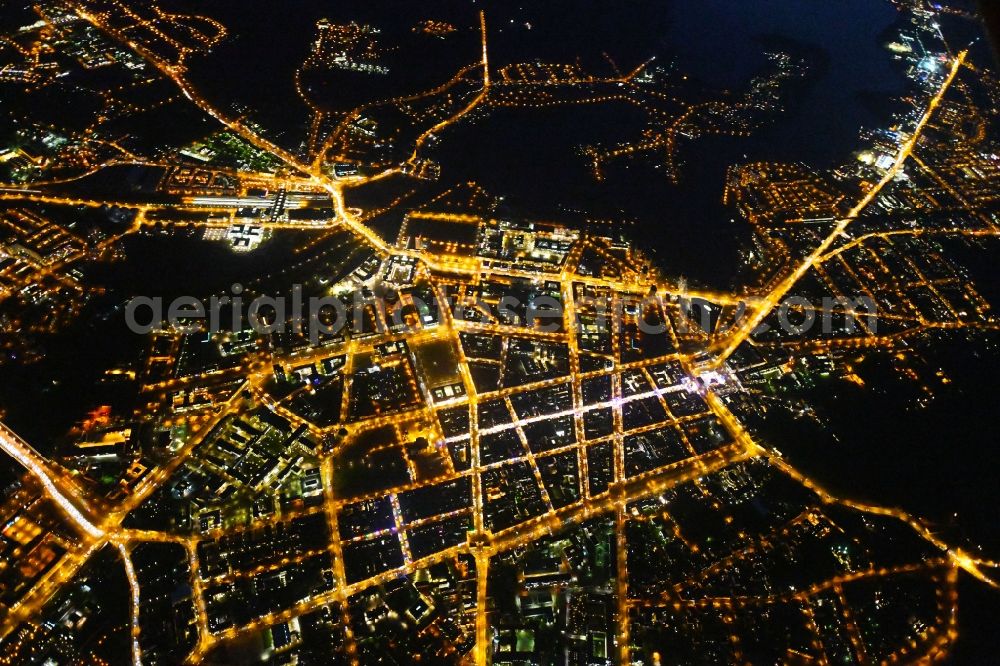 Aerial photograph at night Potsdam - Night lighting The city center in the downtown area in the district Innenstadt in Potsdam in the state Brandenburg, Germany