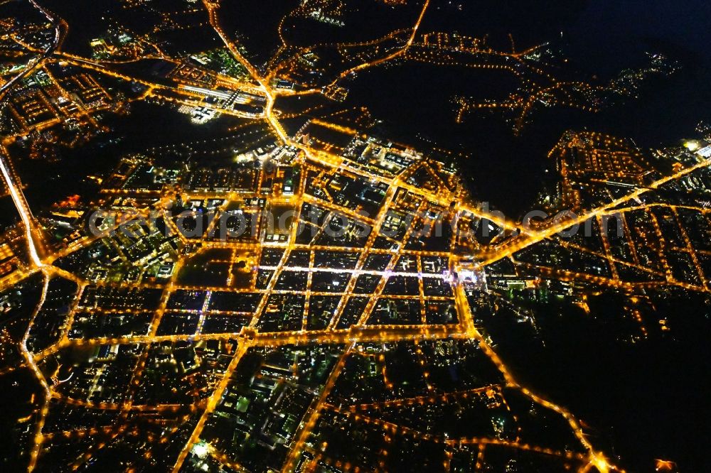 Aerial image at night Potsdam - Night lighting The city center in the downtown area in the district Innenstadt in Potsdam in the state Brandenburg, Germany