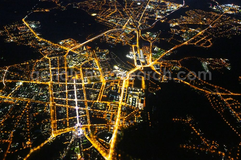 Potsdam at night from above - Night lighting The city center in the downtown area in the district Innenstadt in Potsdam in the state Brandenburg, Germany