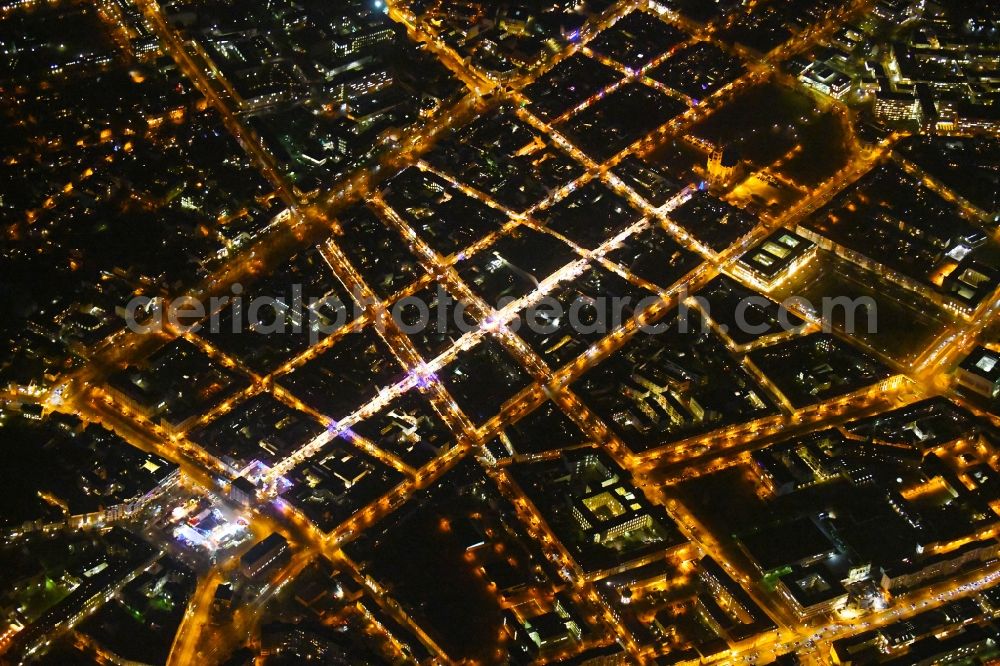 Potsdam at night from the bird perspective: Night lighting The city center in the downtown area in the district Innenstadt in Potsdam in the state Brandenburg, Germany