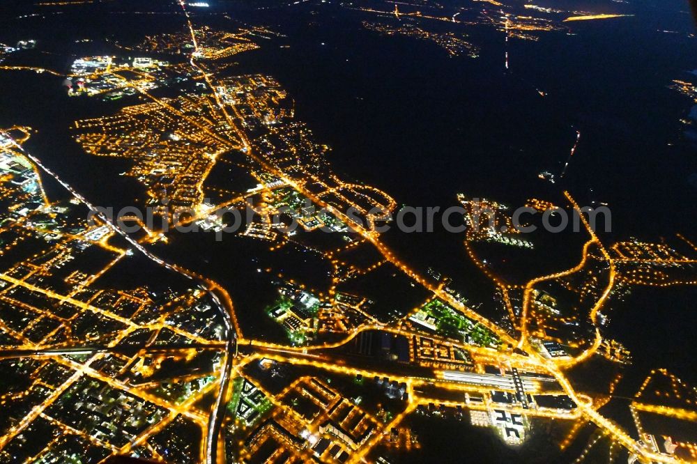 Potsdam at night from above - Night lighting The city center in the downtown area in the district Innenstadt in Potsdam in the state Brandenburg, Germany