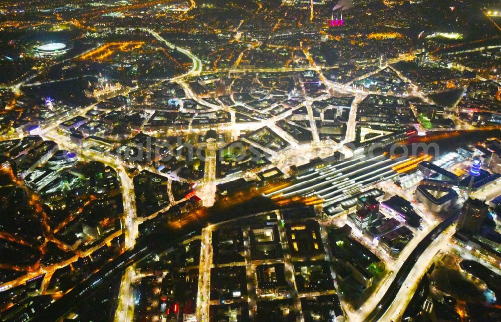 Hannover at night from above - Night lighting The city center in the downtown area in the district Mitte in Hannover in the state Lower Saxony, Germany