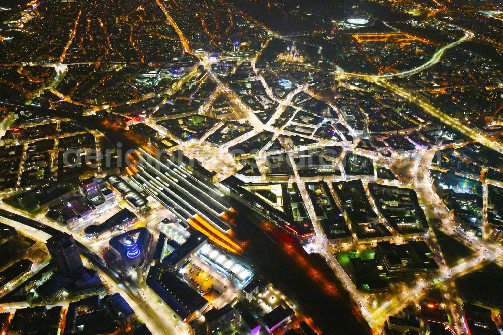 Hannover at night from above - Night lighting The city center in the downtown area in the district Mitte in Hannover in the state Lower Saxony, Germany