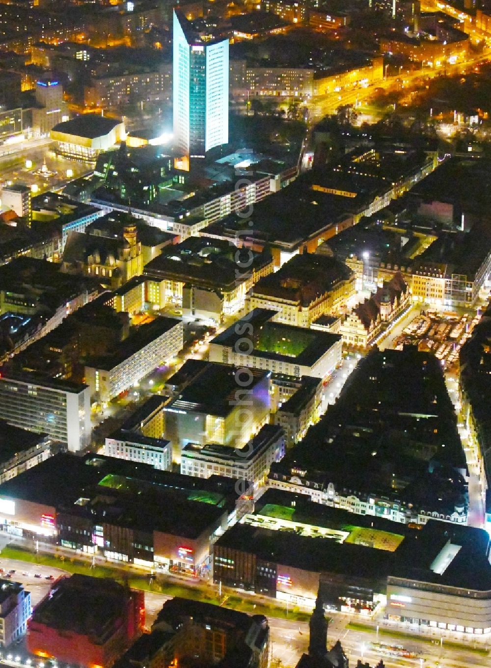 Leipzig at night from above - Night lighting The city center in the downtown area in the district Mitte in Leipzig in the state Saxony, Germany