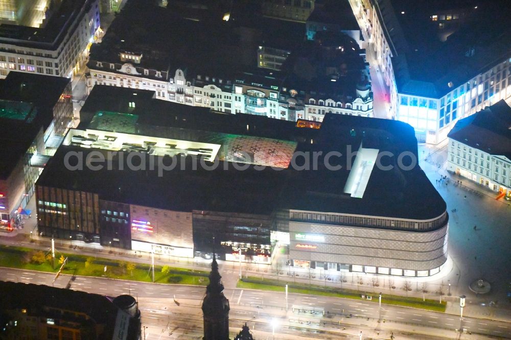 Aerial image at night Leipzig - Night lighting The city center in the downtown area in the district Mitte in Leipzig in the state Saxony, Germany