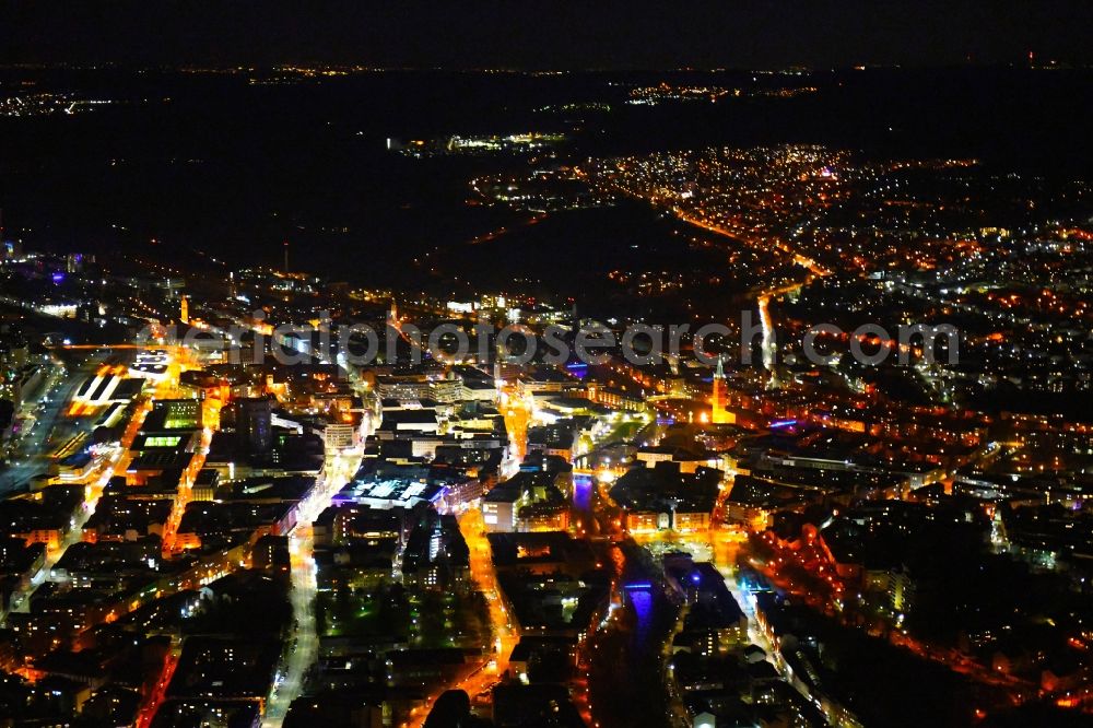 Pforzheim at night from the bird perspective: Night lighting the city center in the downtown area in Pforzheim in the state Baden-Wurttemberg, Germany