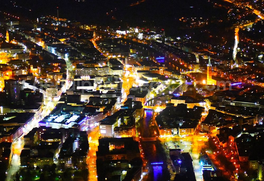 Aerial photograph at night Pforzheim - Night lighting the city center in the downtown area in Pforzheim in the state Baden-Wurttemberg, Germany