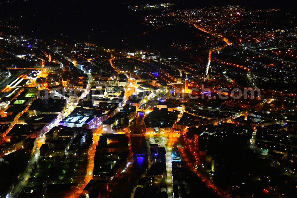 Aerial image at night Pforzheim - Night lighting the city center in the downtown area in Pforzheim in the state Baden-Wurttemberg, Germany