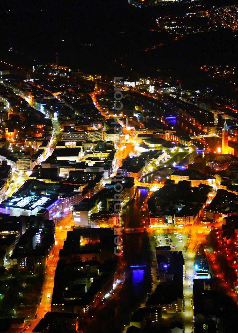 Pforzheim at night from above - Night lighting the city center in the downtown area in Pforzheim in the state Baden-Wurttemberg, Germany