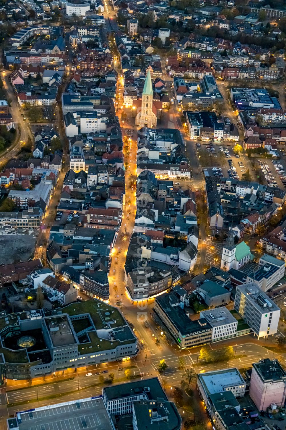 Aerial image at night Hamm - Night lighting the city center in the downtown area Ritterstrasse - Weststrasse in Hamm at Ruhrgebiet in the state North Rhine-Westphalia, Germany