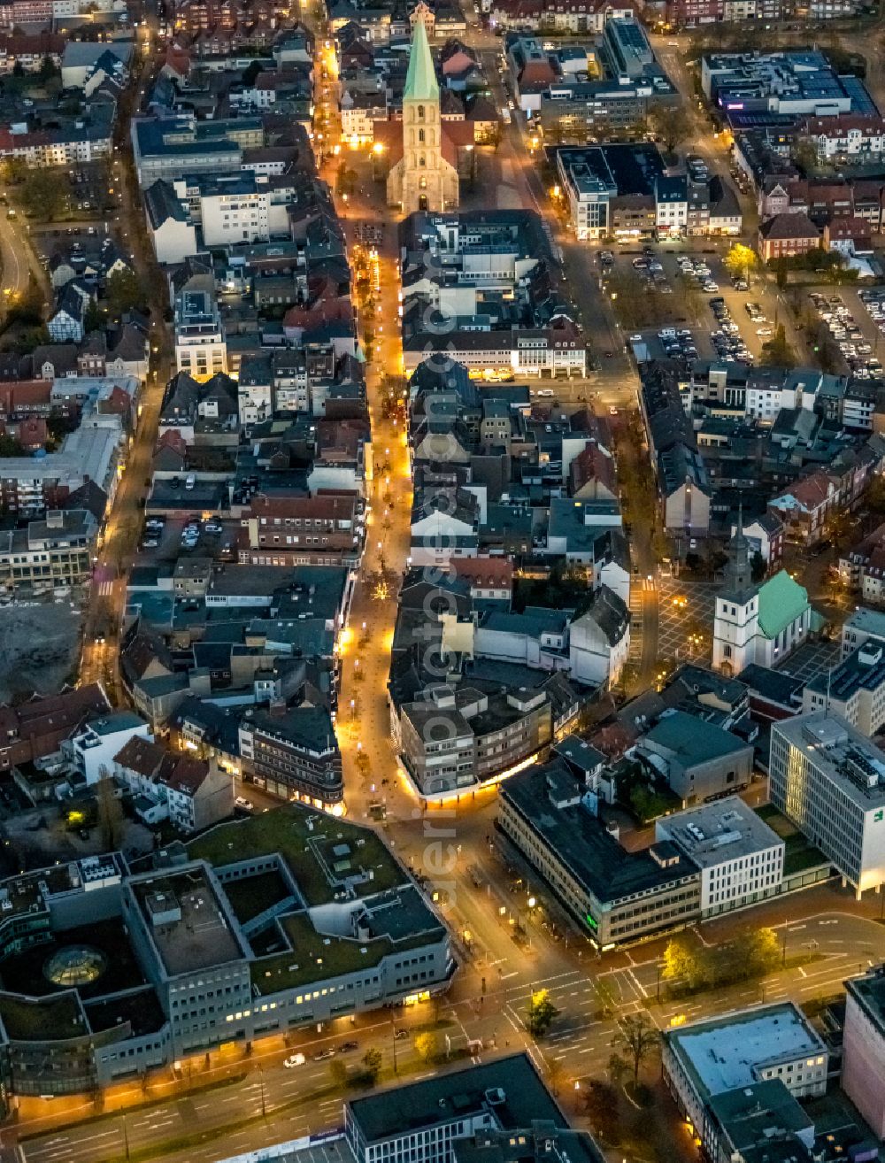 Hamm at night from above - Night lighting the city center in the downtown area Ritterstrasse - Weststrasse in Hamm at Ruhrgebiet in the state North Rhine-Westphalia, Germany