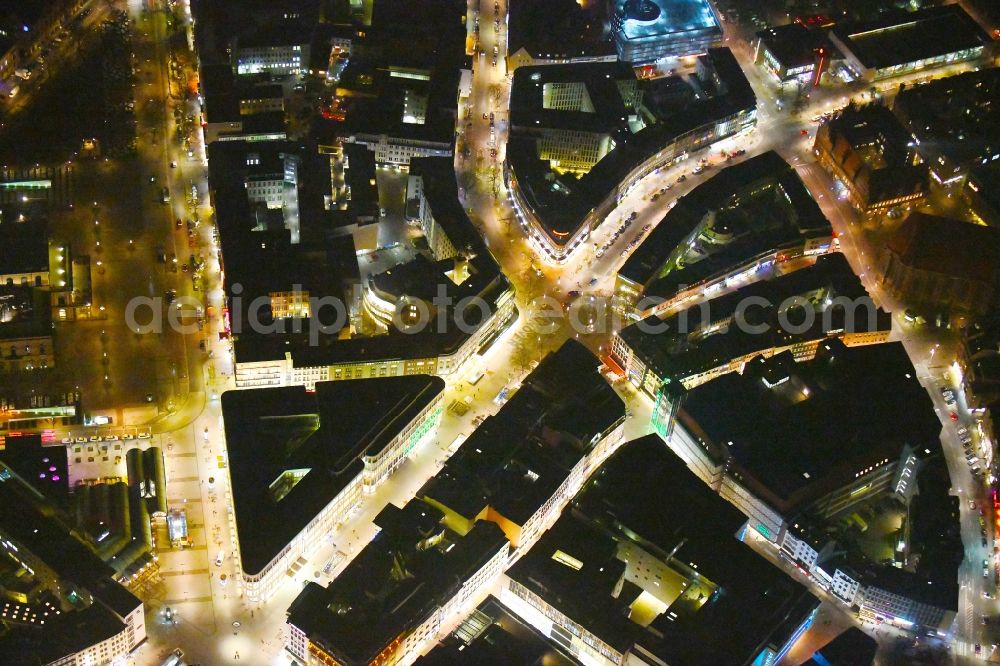 Aerial image at night Hannover - Night lighting The city center in the downtown area Georgstrasse - Bahnhofstrasse - Rathenaustrasse - Karmarschstrasse - Osterstrasse in Hannover in the state Lower Saxony, Germany