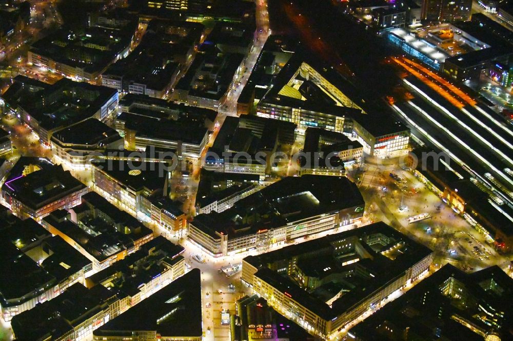 Hannover at night from above - Night lighting The city center in the downtown area Bahnhofstrasse in Hannover in the state Lower Saxony, Germany