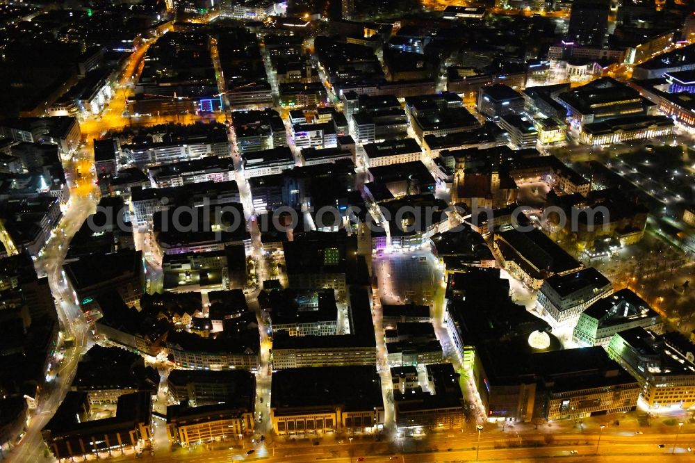 Aerial image at night Stuttgart - Night lighting the city center in the downtown area in Stuttgart in the state Baden-Wurttemberg, Germany