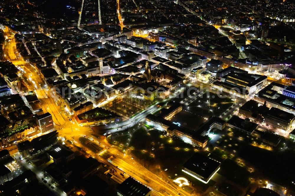 Stuttgart at night from the bird perspective: Night lighting the city center in the downtown area in Stuttgart in the state Baden-Wurttemberg, Germany