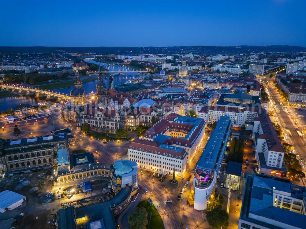 Dresden at night from above - Night lighting city center in the downtown area on the banks of river course of the River Elbe on street Taschenberg in the district Altstadt in Dresden in the state Saxony, Germany