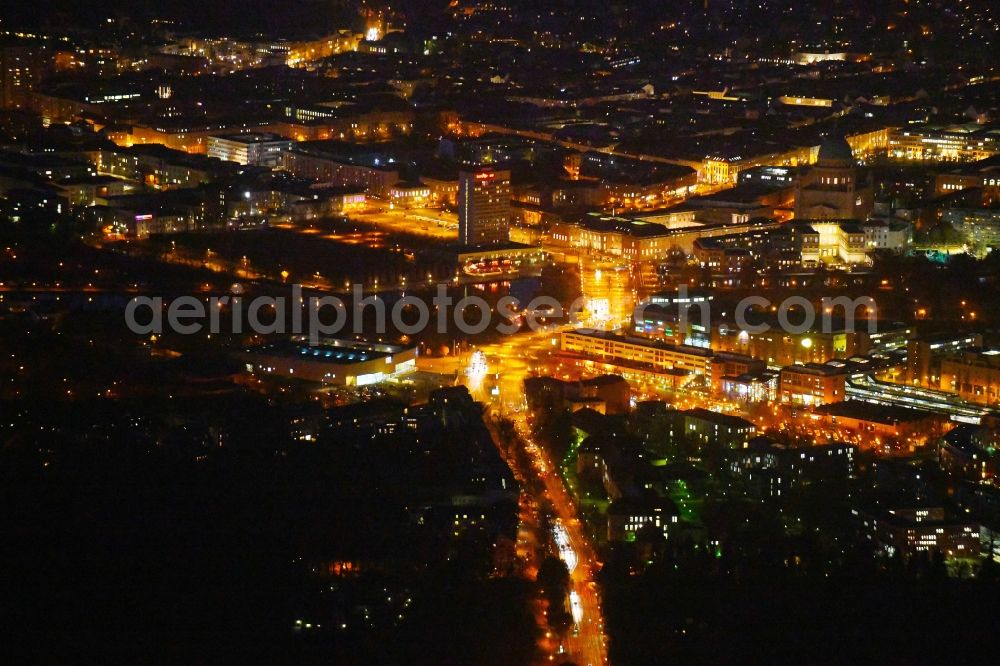 Aerial image at night Potsdam - Night lighting City center in the downtown area on the banks of river course the Havel in the district Innenstadt in Potsdam in the state Brandenburg, Germany