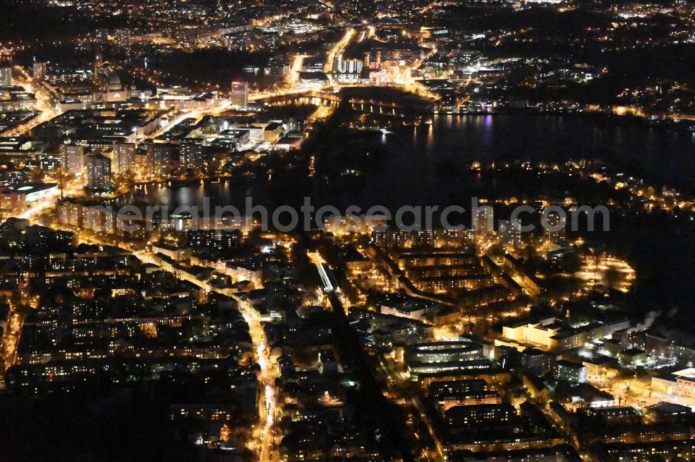 Potsdam at night from the bird perspective: Night view city center in the downtown area on the banks of river course the Havel in Potsdam in the state Brandenburg