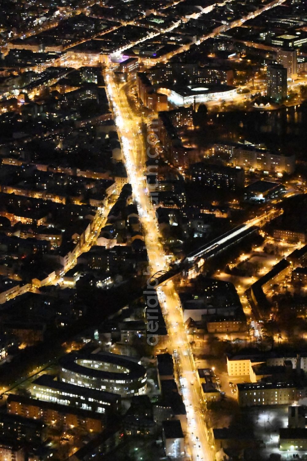 Aerial image at night Potsdam - Night view city center in the downtown area Zeppelinstrasse in the district Westliche Vorstadt in Potsdam in the state Brandenburg