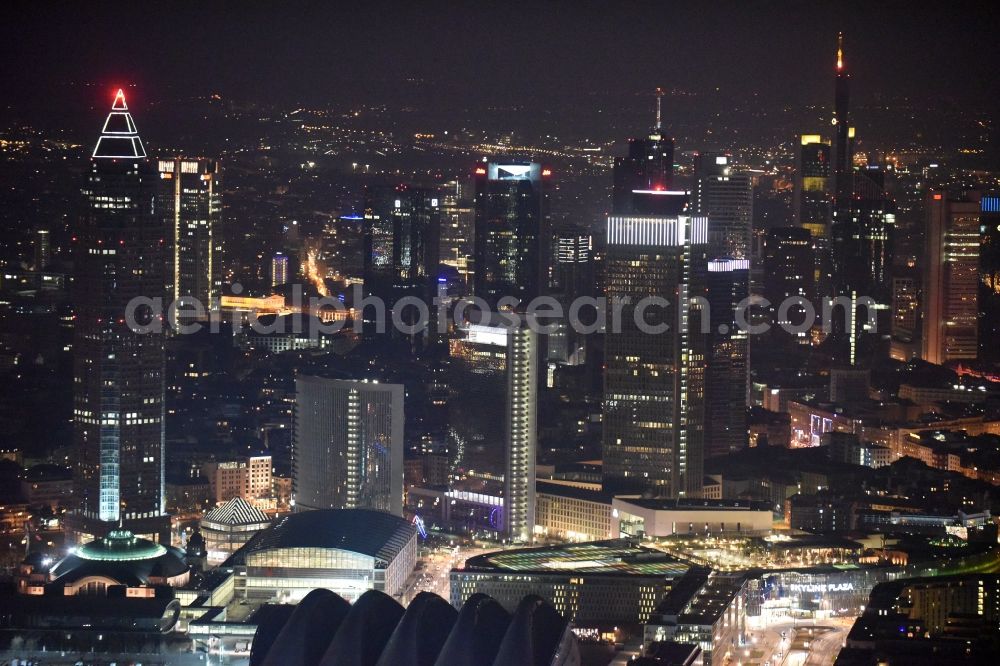 Frankfurt am Main at night from the bird perspective: Night view City center with the skyline in the downtown area in Frankfurt in the state Hesse