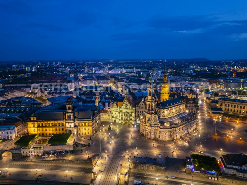 Dresden at night from above - Night lighting road bridge structure Augustus Bridge over the river banks of the Elbe in the district Altstadt in Dresden in the federal state of Saxony, Germany