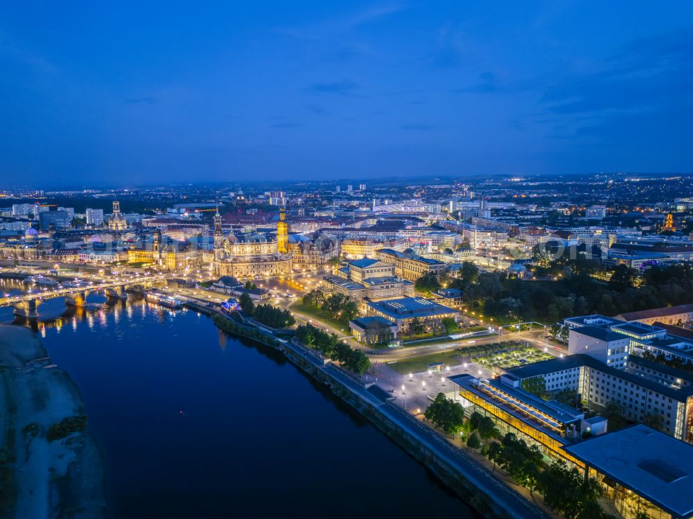 Aerial image at night Dresden - Night lighting road bridge structure Augustus Bridge over the river banks of the Elbe in the district Altstadt in Dresden in the federal state of Saxony, Germany