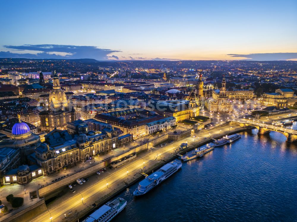 Dresden at night from above - Night lighting road bridge structure Augustus Bridge over the river banks of the Elbe in the district Altstadt in Dresden in the federal state of Saxony, Germany