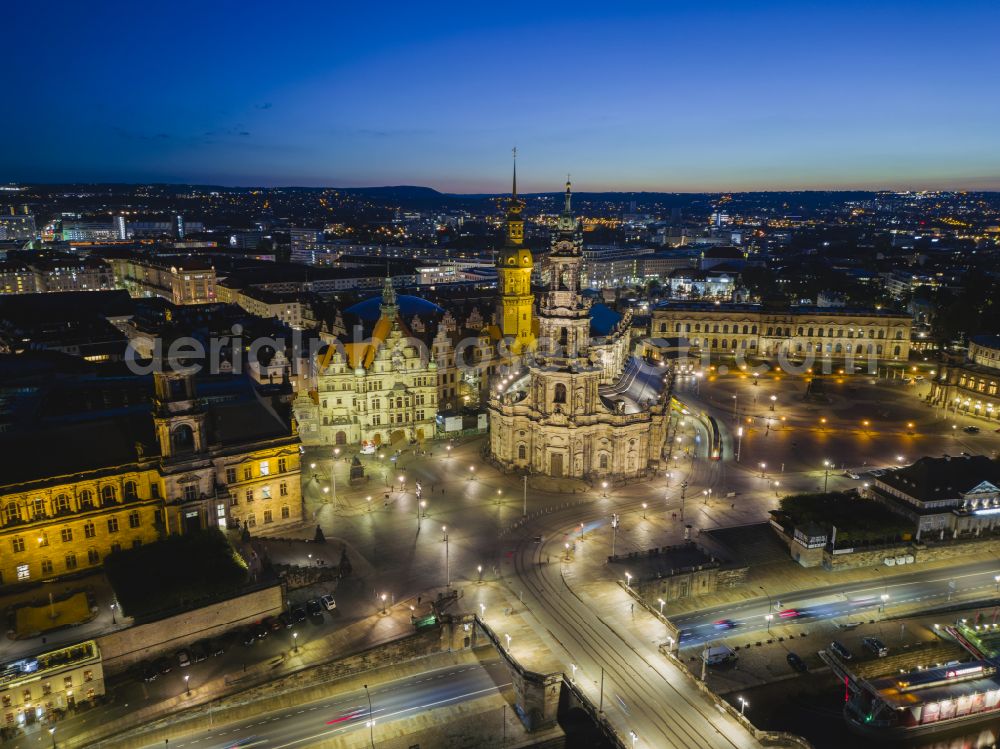 Dresden at night from above - Night lighting road bridge structure Augustus Bridge over the river banks of the Elbe in the district Altstadt in Dresden in the federal state of Saxony, Germany