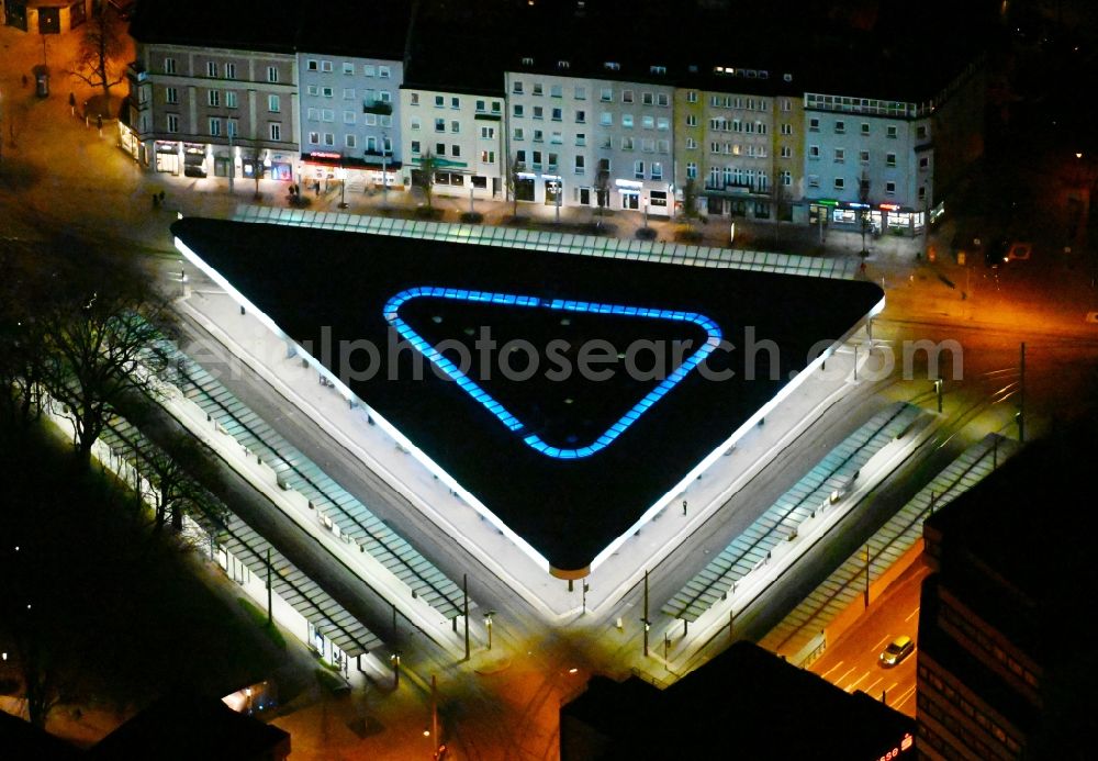 Augsburg at night from above - Night lighting tram - Stop of the public transport company Haltestellendreieck Koenigsplatz in Augsburg in the state Bavaria, Germany