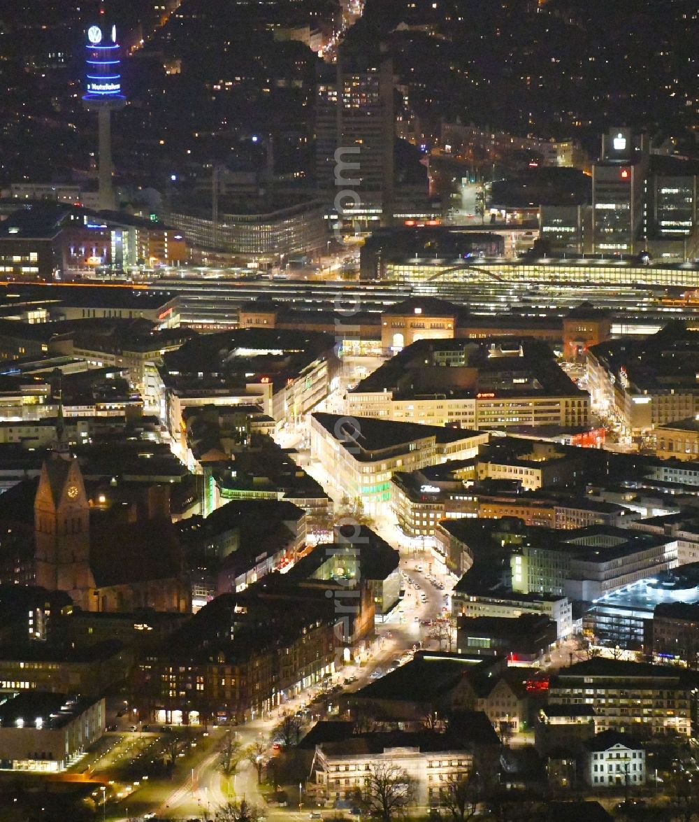 Aerial photograph at night Hannover - Night lighting Street guide of famous promenade and shopping street Bahnhofstrasse in Hannover in the state Lower Saxony, Germany