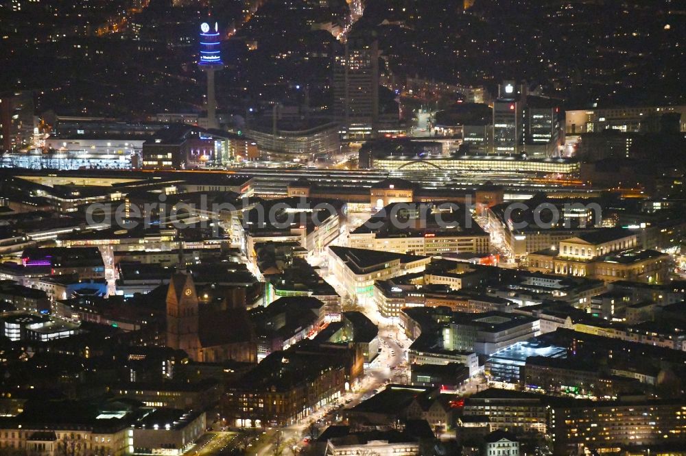 Aerial image at night Hannover - Night lighting Street guide of famous promenade and shopping street Bahnhofstrasse in Hannover in the state Lower Saxony, Germany