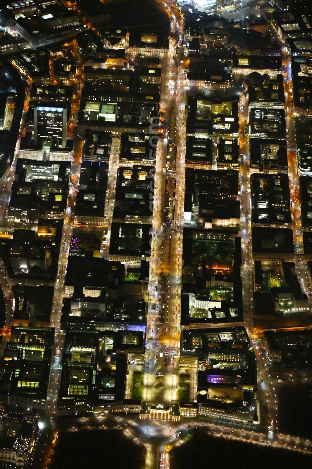 Berlin at night from above - Night lighting Street guide of famous promenade and shopping street Brandenburger Tor - Pariser Platz - Unter den Linden in the district Mitte in Berlin, Germany