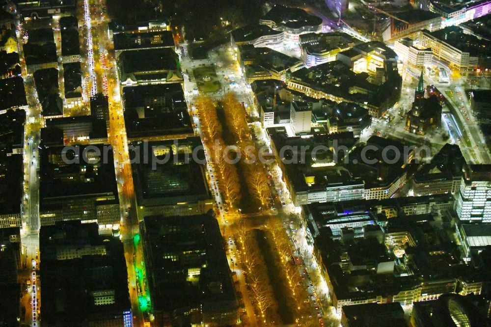 Düsseldorf at night from above - Night lighting street guide of famous promenade and shopping street Koenigsallee in the district Stadtmitte in Duesseldorf in the state North Rhine-Westphalia, Germany