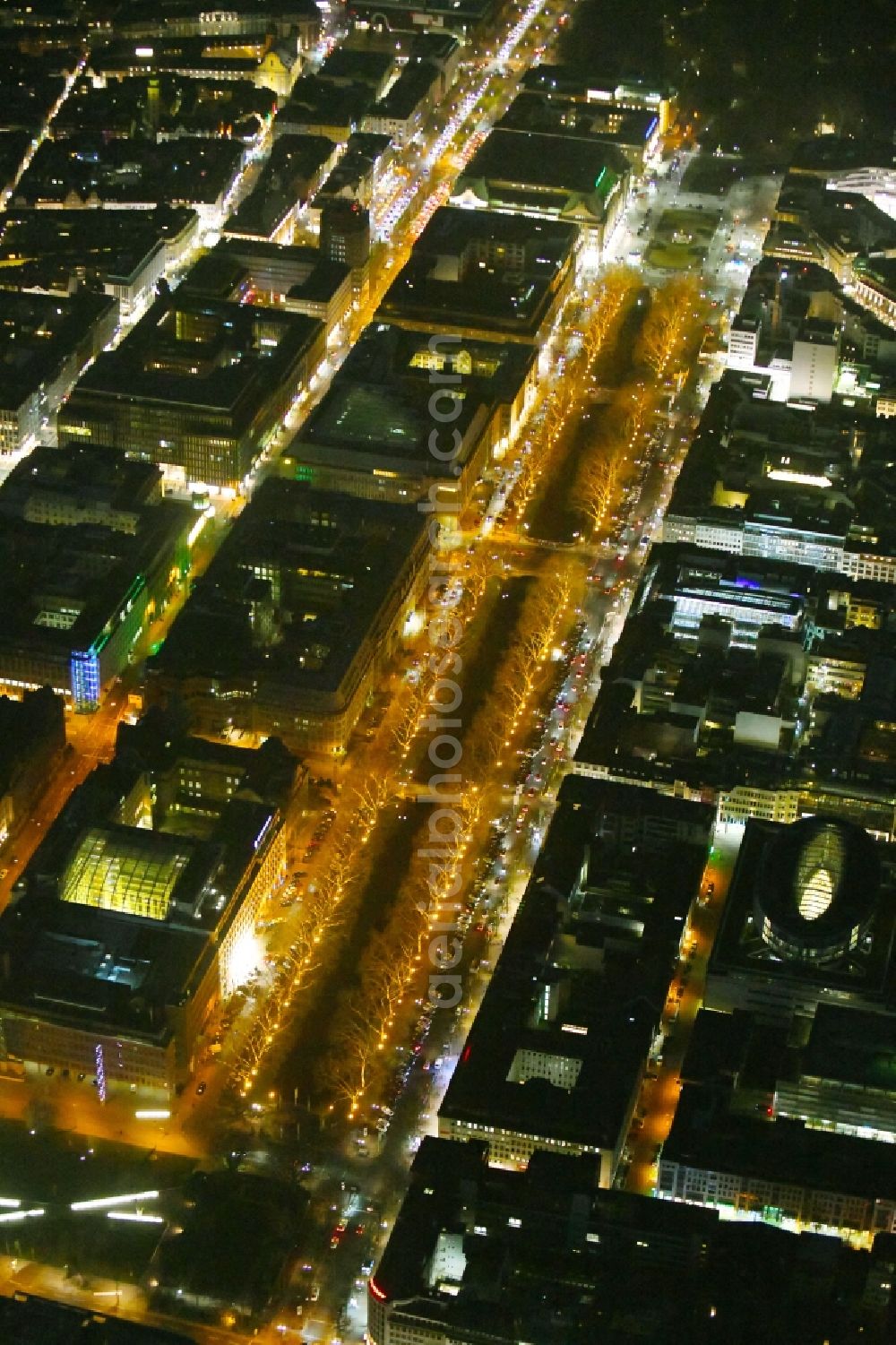 Düsseldorf at night from above - Night lighting street guide of famous promenade and shopping street Koenigsallee in the district Stadtmitte in Duesseldorf in the state North Rhine-Westphalia, Germany