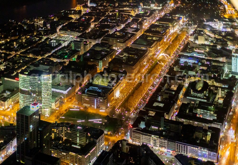 Düsseldorf at night from above - Night lighting street guide of famous promenade and shopping street Koenigsallee in the district Stadtmitte in Duesseldorf in the state North Rhine-Westphalia, Germany