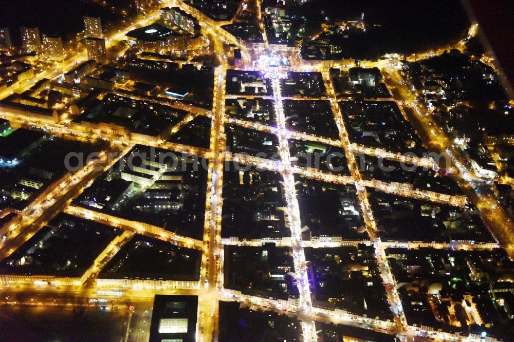 Aerial image at night Potsdam - Night view street guide of famous promenade and shopping street Luisenplatz - Brandenburger Strasse - Am Bassinplatz in Potsdam in the state Brandenburg