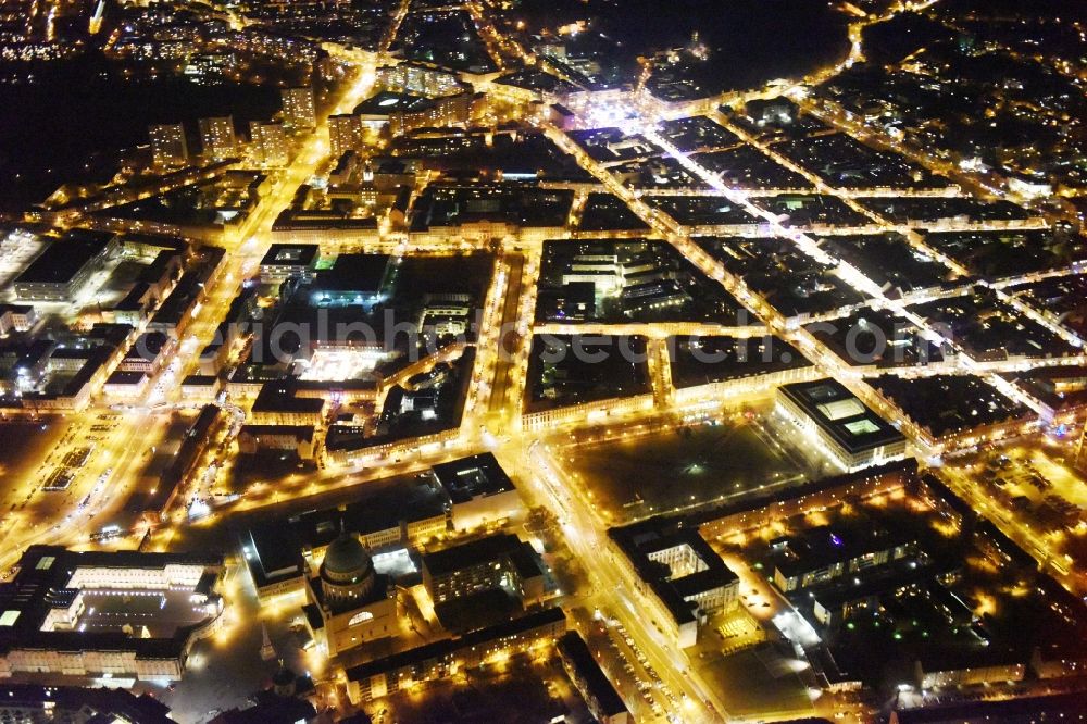 Potsdam at night from above - Night view street guide of famous promenade and shopping street Luisenplatz - Brandenburger Strasse - Am Bassinplatz in Potsdam in the state Brandenburg