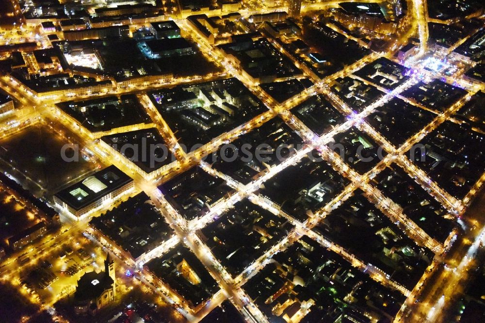 Potsdam at night from above - Night view street guide of famous promenade and shopping street Luisenplatz - Brandenburger Strasse - Am Bassinplatz in Potsdam in the state Brandenburg