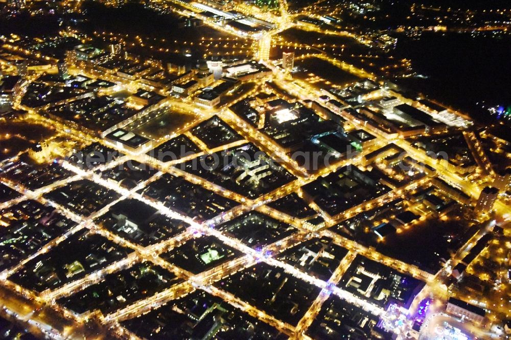 Aerial image at night Potsdam - Night view street guide of famous promenade and shopping street Luisenplatz - Brandenburger Strasse - Am Bassinplatz in Potsdam in the state Brandenburg