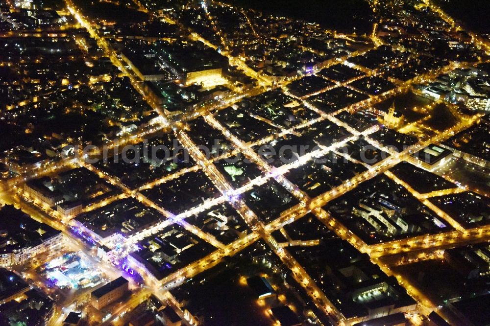 Potsdam at night from above - Night view street guide of famous promenade and shopping street Luisenplatz - Brandenburger Strasse - Am Bassinplatz in Potsdam in the state Brandenburg